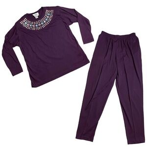 Vintage 80s Cervelle Top and Bottom Set Purple Bejeweled Neck Detail Long Sleeve